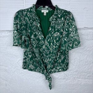 NWOT TAMARA H. Green & gold tie front flowy blouse size XS